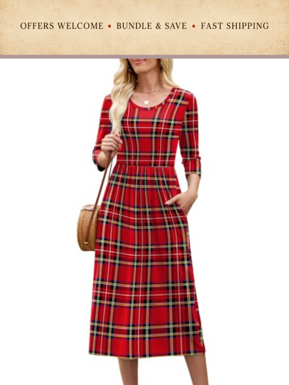 Women's 3/4 Sleeve Midi Dress A Line Flowy Swing Sundress with Pockets